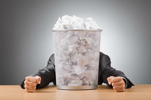 A person dressed in formal black suit with visible arms and clenched fists positioned on a wooden table, is obscured behind a tall, round, metallic mesh waste bin filled to the brim with crumpled white paper. The bin's surface is textured with a fine mesh pattern, and the papers inside appear slightly pressed and uneven, spilling over the top. The background is a plain, smooth grey surface, creating a neutral setting that emphasizes the contrast between the formal attire and the everyday waste disposal. This scene exemplifies rubbish disposal or waste collection, aligning with garden clearance and rubbish removal services in London, such as those offered by Garden Clearance London. There are no additional objects or environmental details visible, maintaining focus solely on the bin filled with paper, symbolizing waste management in a professional, clean context.
